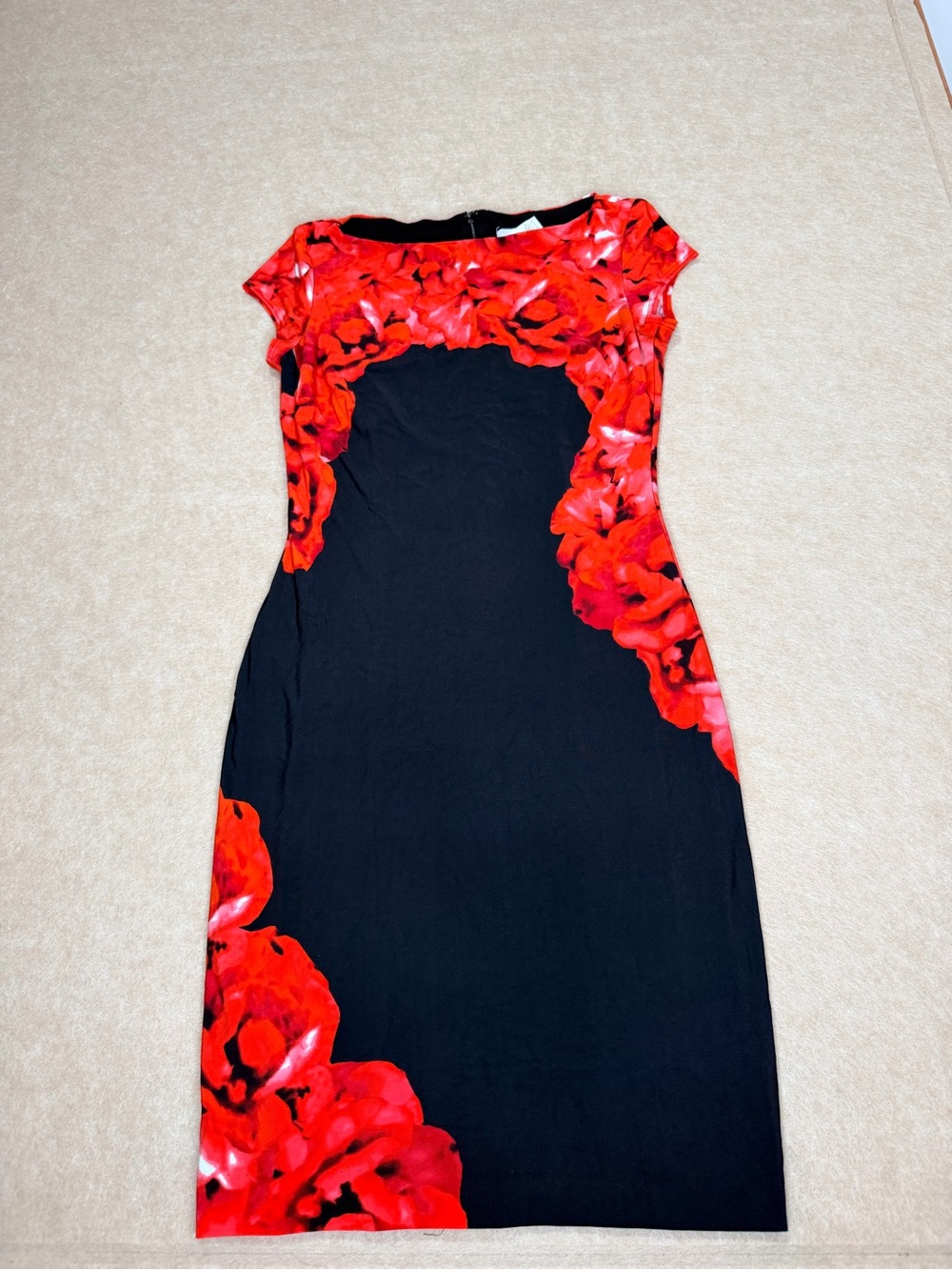 Cache Black Midi Dress with Red Floral Print
